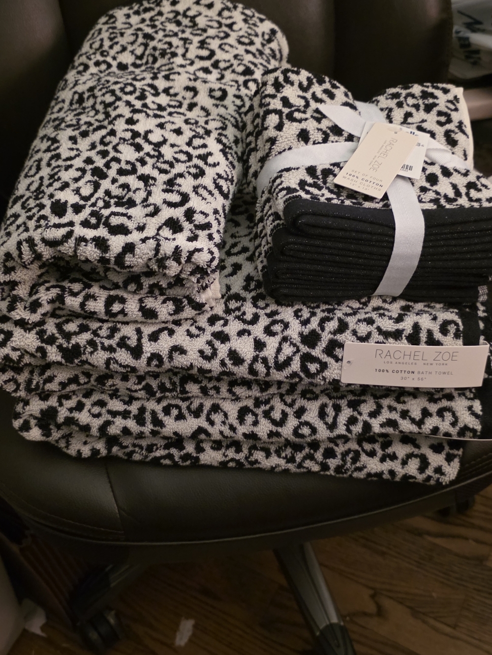 Rachel Zoe Black & Off White Leopard Cotton Bath Towel Set-8 Piece